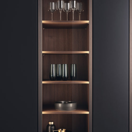 alt="Wood lined VERO shelving unit with wood shelves, metal-framed glass door, and vertically attached light system"