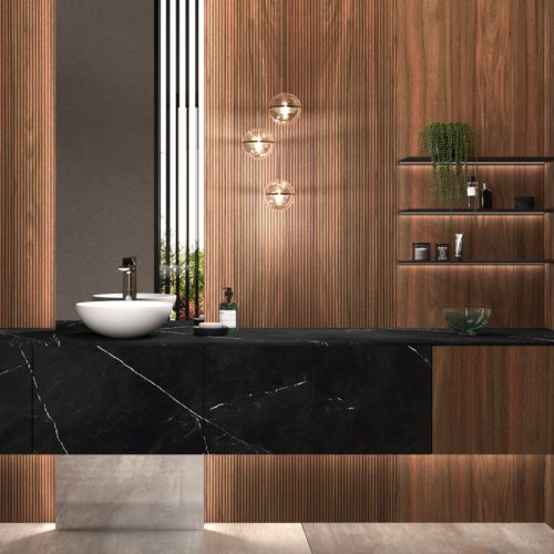 alt="Bathroom with BOSSA genuine wood paneling, matte-lacquered floating shelves with inset strip LED lighting"