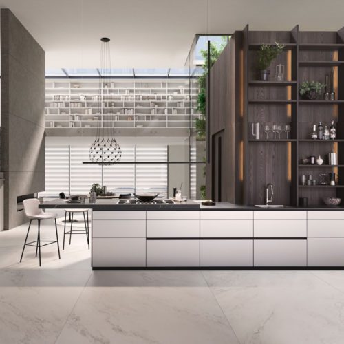 alt="Full frontal view of aluminum coated handleless kitchen front, ICONIC elm shelving, and LED strip lighting"