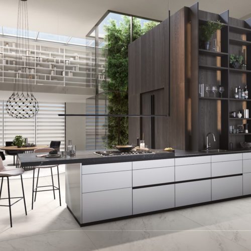 alt="Front view of kitchen with handleless aluminum coated front, ICONIC bergamo elm shelving"