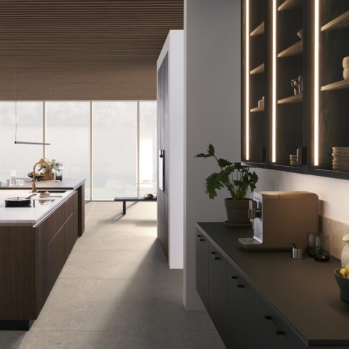 alt="BOSSA: Side view of island, stovetop, hanging cabinets and shelves with window view"