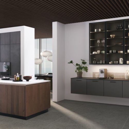 alt="BOSSA: Corner view of hanging cabinets and shelves, concrete paneling, and island with wood veneer"