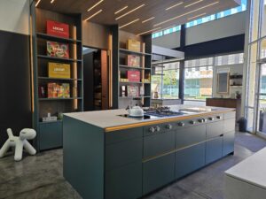 A walk-through view of a kitchen showroom highlighting elegant european kitchens